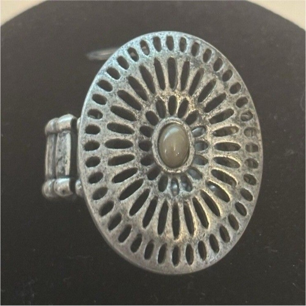 Silver Tone Bohemian Statement Ring Oval White Cabochon Bezel Adjustable